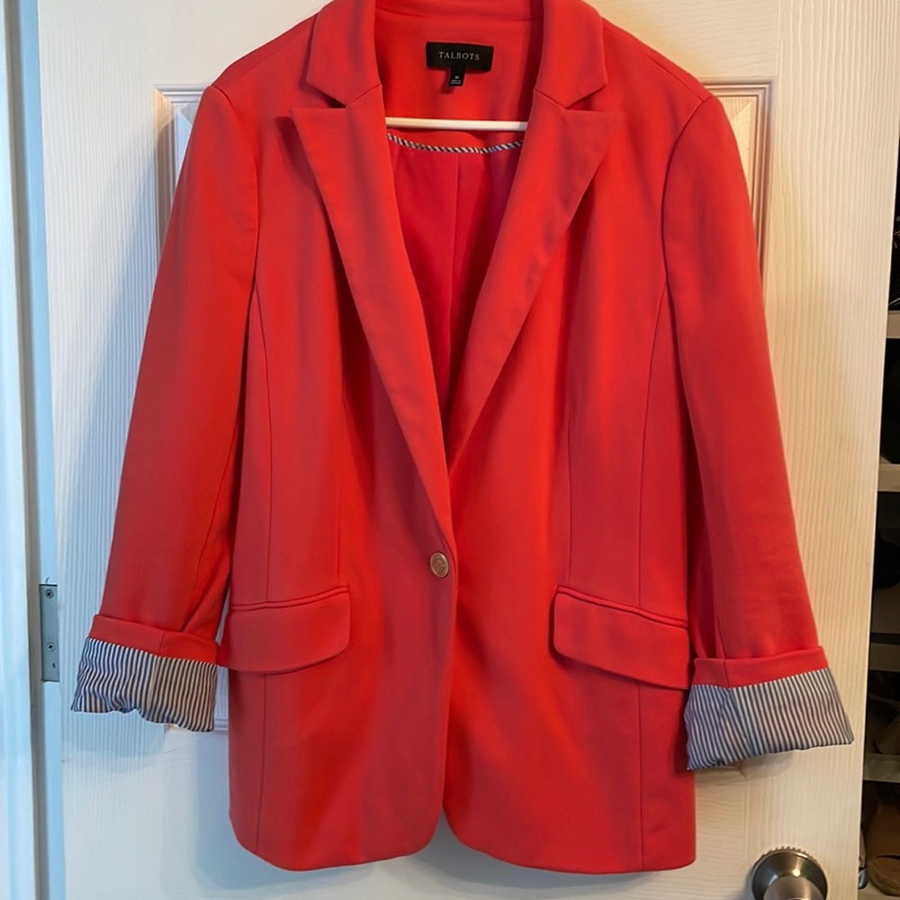 Talbots Red Blazer with Striped Cuffs